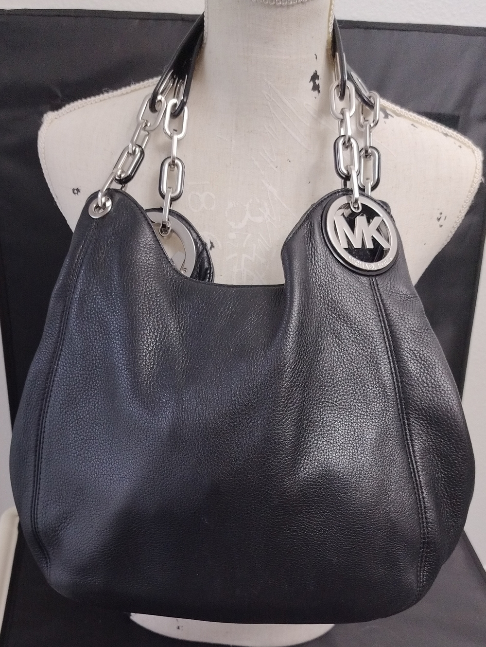 Michael Kors Black Leather Fulton Hobo Bag Silver Tone Hardware